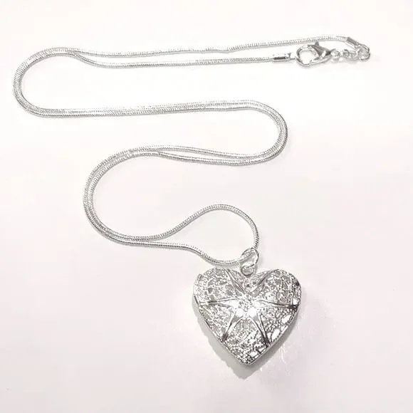 925 Silver Necklace Heart Locket Star Lattice Pattern Valentines Birthday Gift